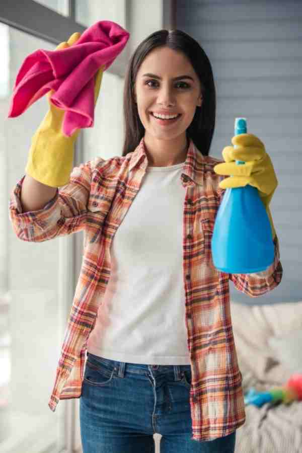 mom holding cleaning supplies