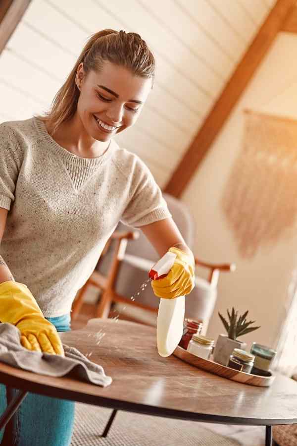 woman cleaning the living room